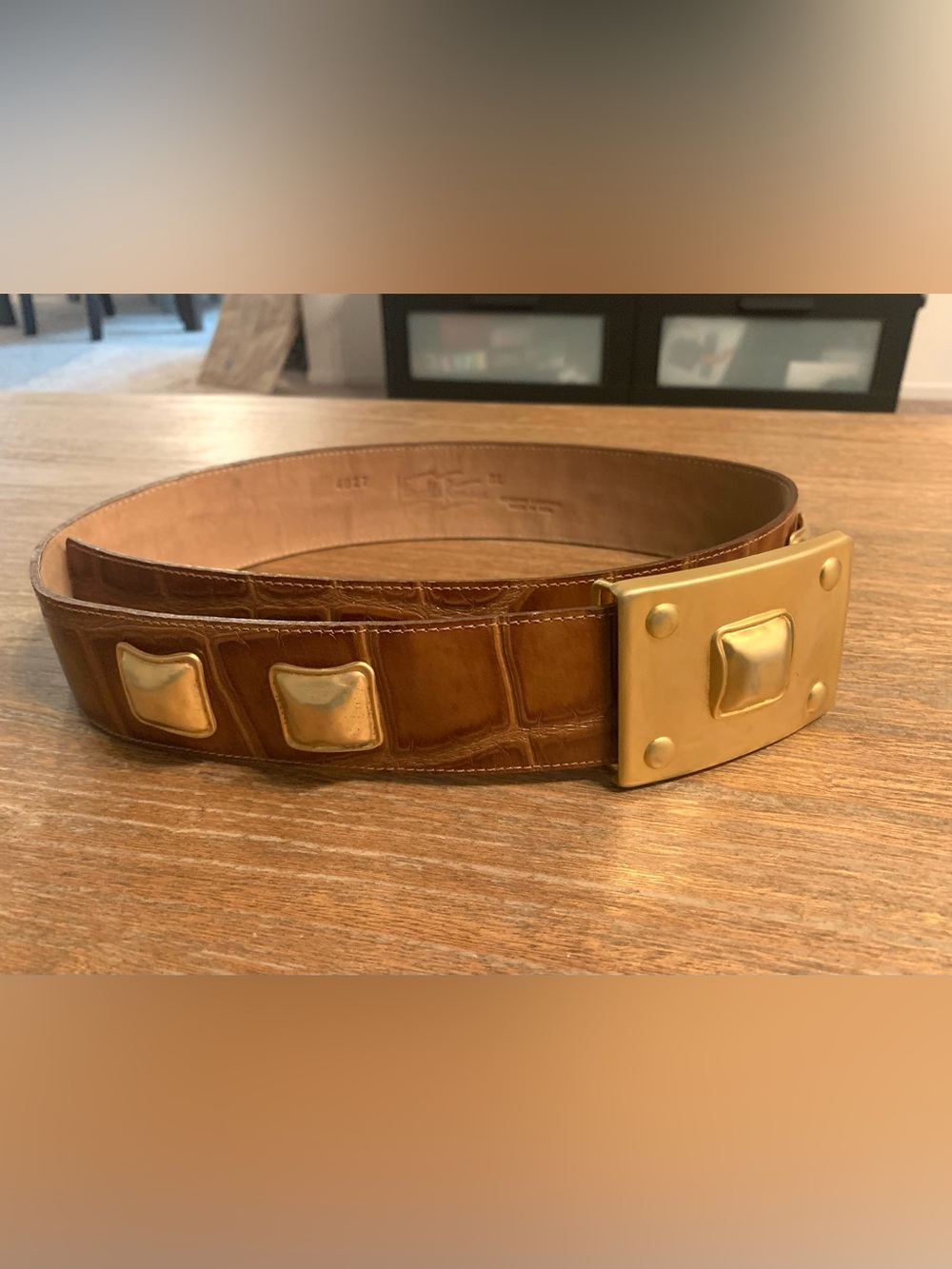Vintage Marcella Ramaya Embossed Crocodile Leather Belt Brown Gold